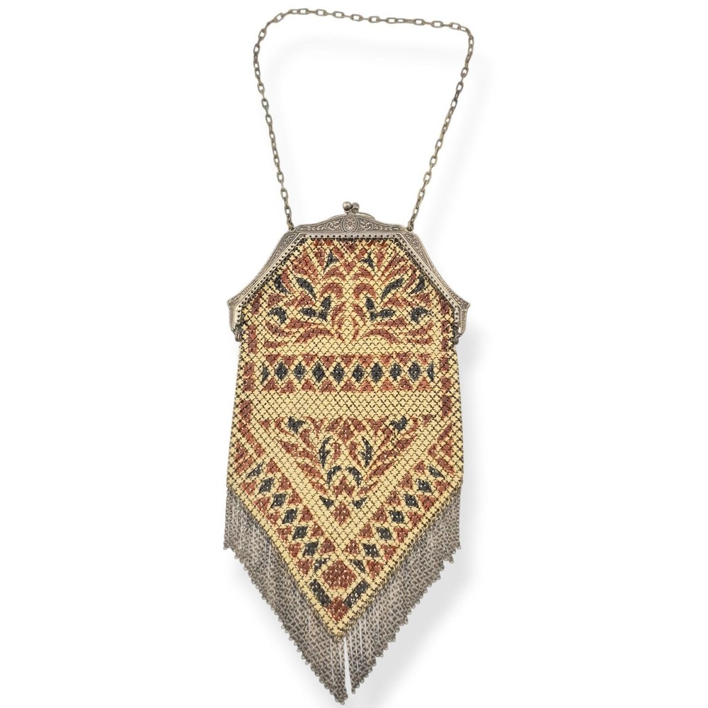 Antique Mandalian Art Deco Enamel Mesh Flapper Purse Red Black Yellow Beige 20s